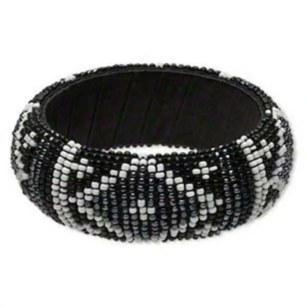 Handcrafted India Beaded Bangle Bracelet Black Gunmetal White Tribal Fair Trade